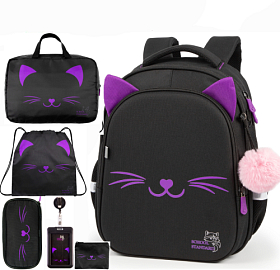 Ортопедичний шкільний рюкзак 6 в 1 для дівчинки School Standard 38х30х18 см з Котиком в 1 клас (SET 150-48)